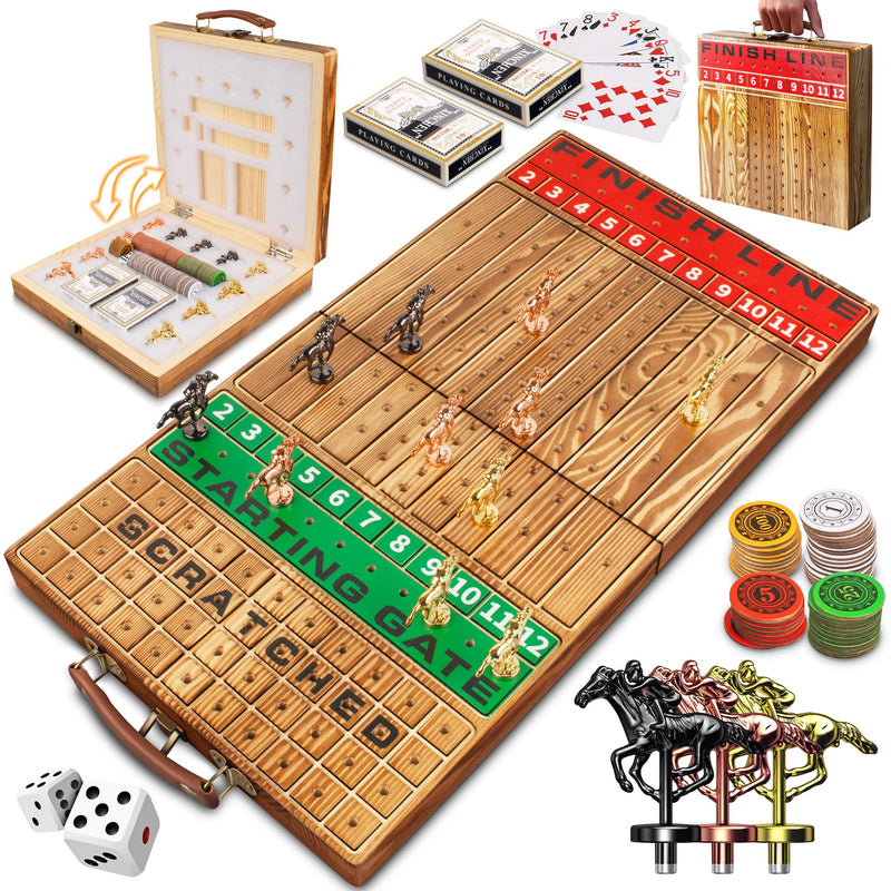 Horse Racing Game Foldable Solid Wood Horse Games Horse Race Board Game with 11 Metal Race Horses Two Dice and Two Boxes of Cards 2 in 1 Folding Horse Race Board (Folding Version)