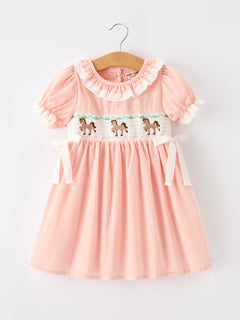 Western Horse Embroidery Girls Dress Lace Petals Collar Puff Sleeve