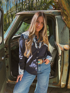 John Wayne Western Pearl Snap Button Up Top In Denim Blue