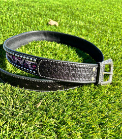 Catty Cowgirl Crystal Tooled Leather Belt